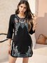 Long Sleeve Floral Crew Neck Embroidered Knitting Mini Dress