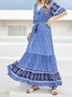 Cotton Short Sleeve Floral-Print V Neck Weaving Dress