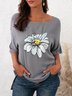 Summer casual retro small daisy printed short sleeve big round neck loose top