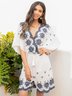 Cotton-Blend A-Line Floral Short Sleeve Jumpsuit & Romper